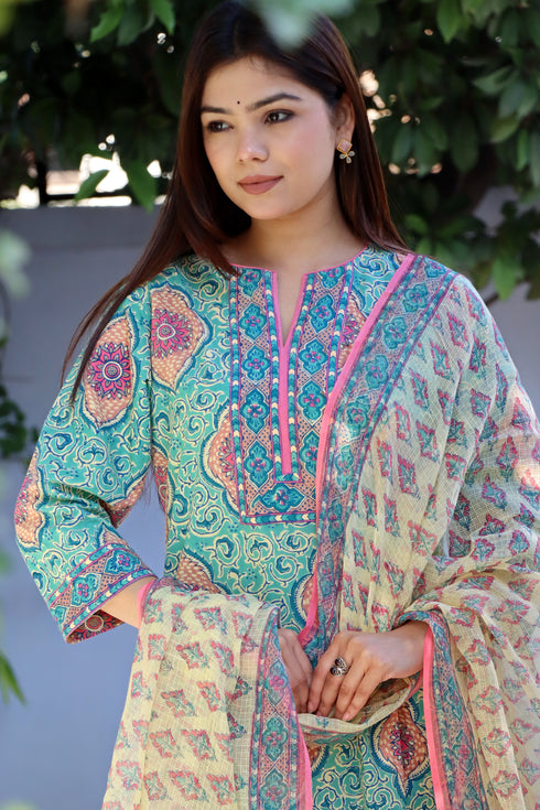 Cambric Cotton Kurta Pant Set With Kota Dupatta In Block Print