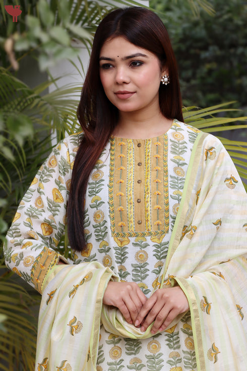 Chanderi Silk Kurta Pant With Dupatta In Floral Block Print