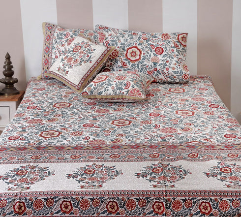 20s Cotton Bed Cover In Indian Blue and Brick Red Floral Print
