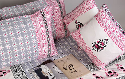 20s Cotton Cushion Cover in Floral Block Print