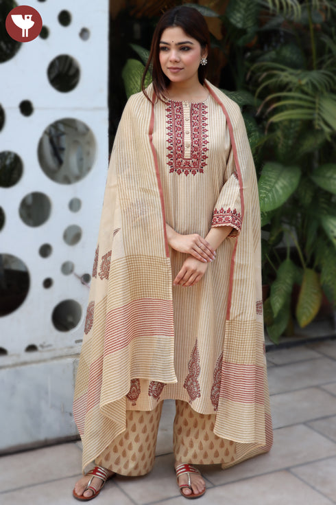 Chanderi Silk Kurta Pant With Dupatta In Embroidery and Floral Block Print