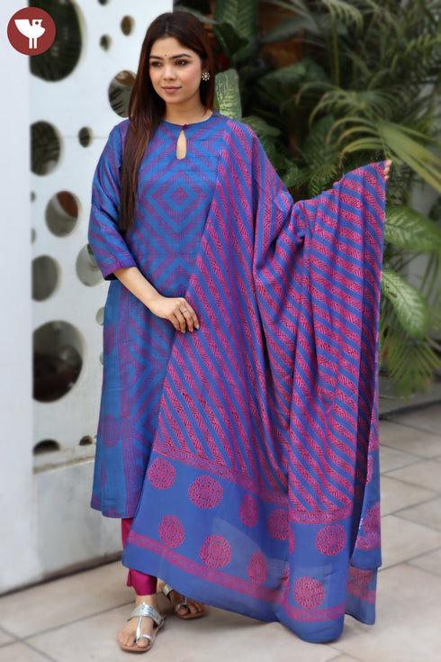 Tussar Kurta Pant With Dupatta In Block Print