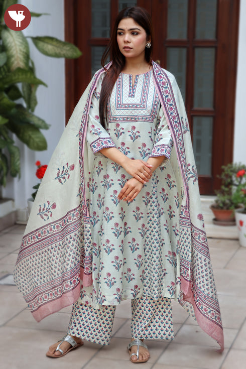 Chanderi Silk Kurta Pant With Dupatta In Floral Block Print