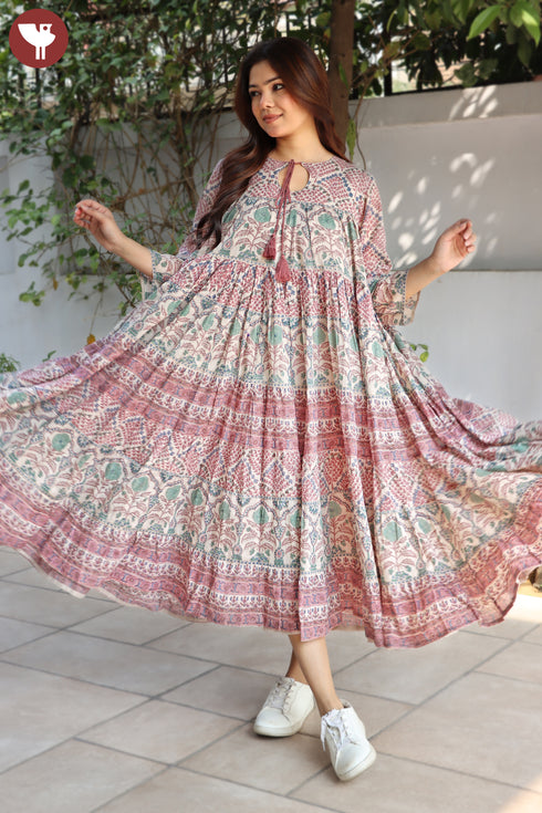 Mulmul Cotton Tier Dress In Block Print