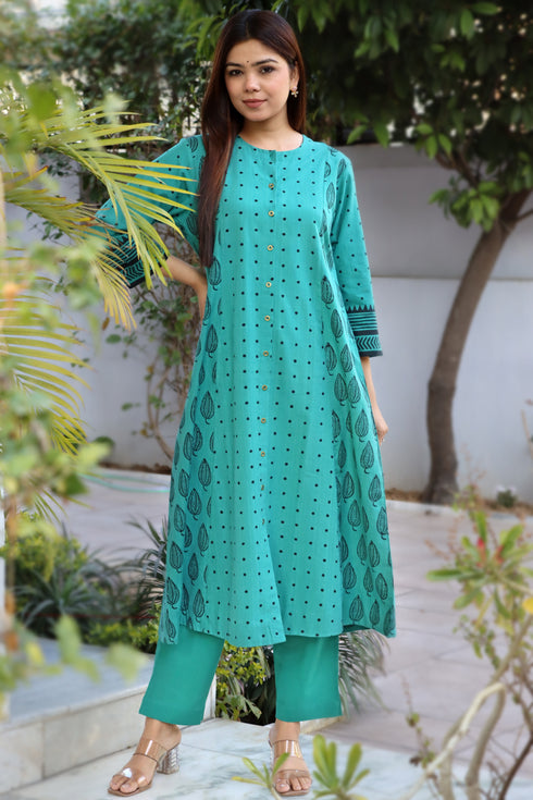 Handloom Cotton Kurta And Pant Set With Block Print