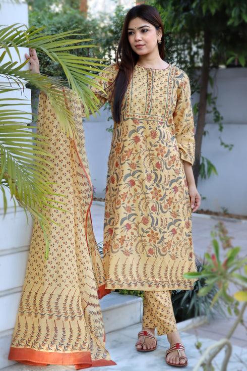 Chanderi Silk Kurta Pant And Dupatta Set With Block Print