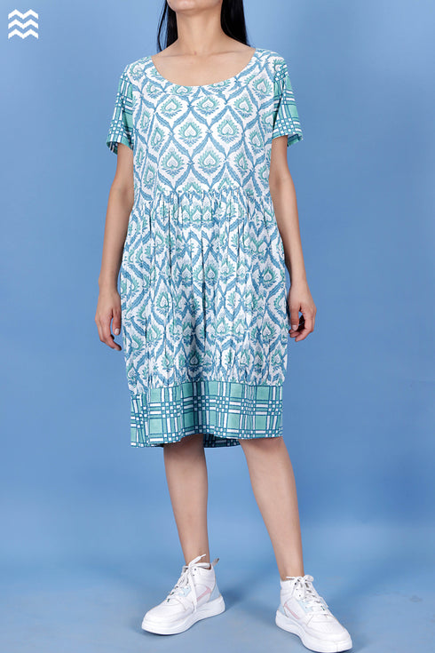 Slub Cotton Balloon Dress In Assorted Block Print