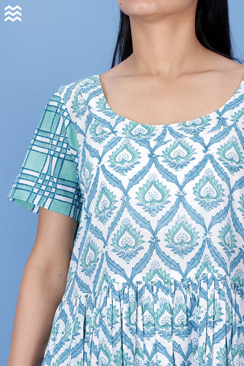 Slub Cotton Balloon Dress In Assorted Block Print