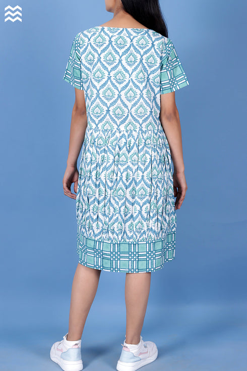 Slub Cotton Balloon Dress In Assorted Block Print