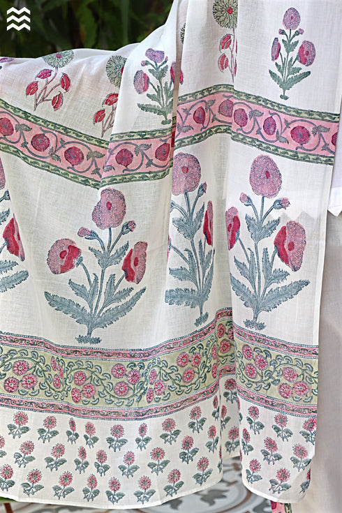 100% Mul Mul Cotton White Momo Wrap in Floral Block Print