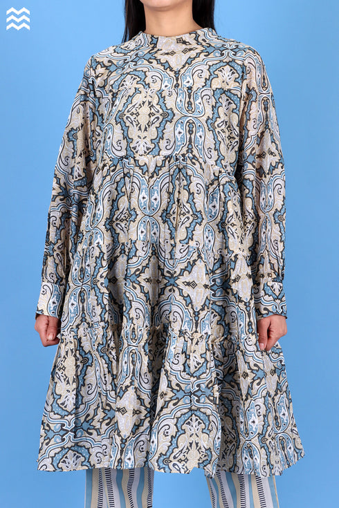 Cotton Silk Runway Dress In Graphic Print