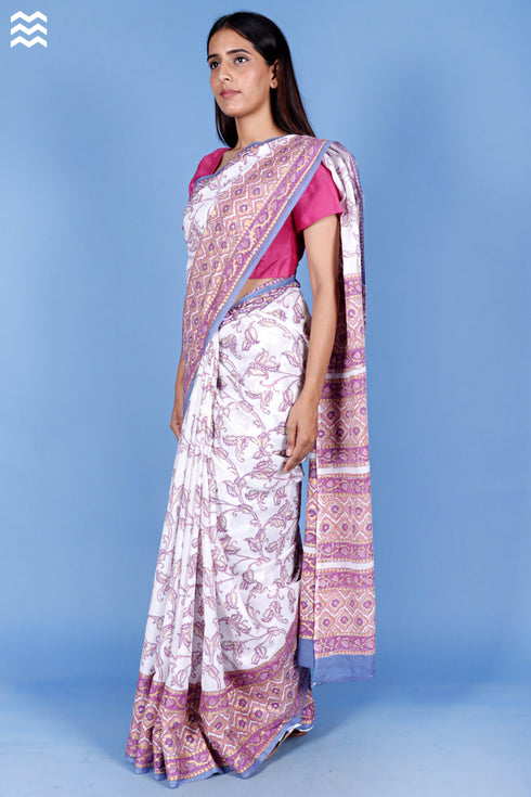 Mulmul Cotton Saree With Fall In Assorted Block Print