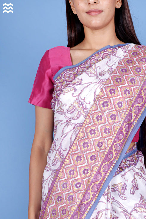 Mulmul Cotton Saree With Fall In Assorted Block Print