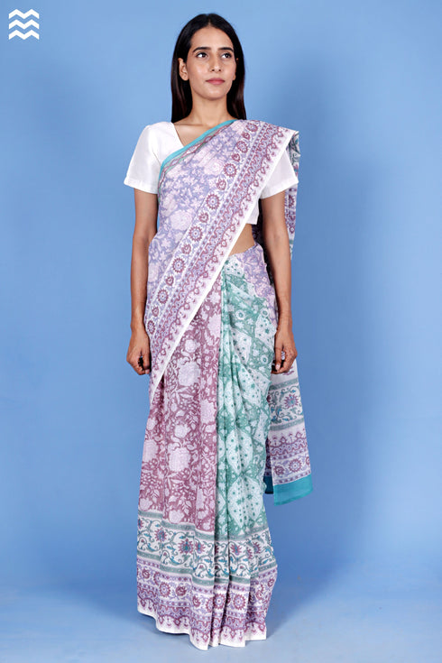 Mulmul Cotton Saree With Fall In Block Print
