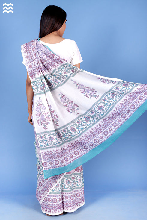 Mulmul Cotton Saree With Fall In Block Print