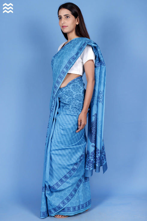 Cotton Silk Saree With Fall In Block Print