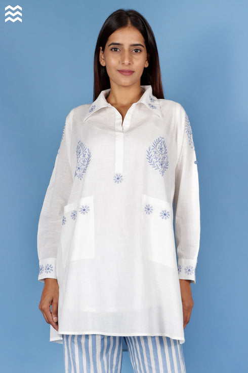 Slub Cotton Boyfriend Shirt With Chikankari Embroidery