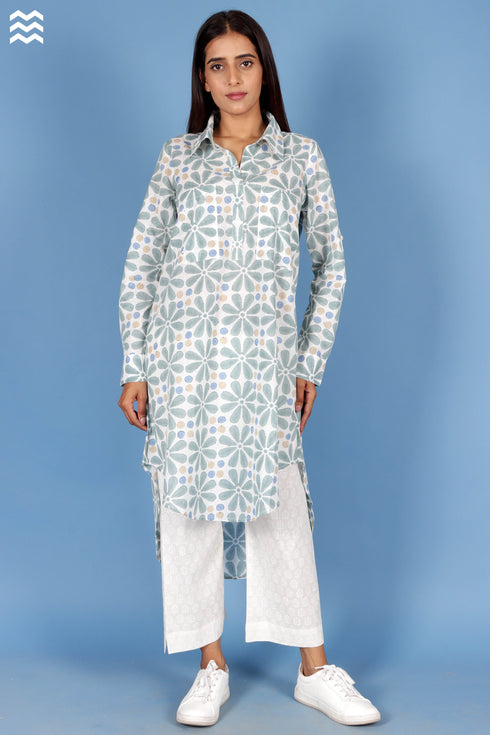 Slub Cotton Long Boyfriend Shirt In Block Print