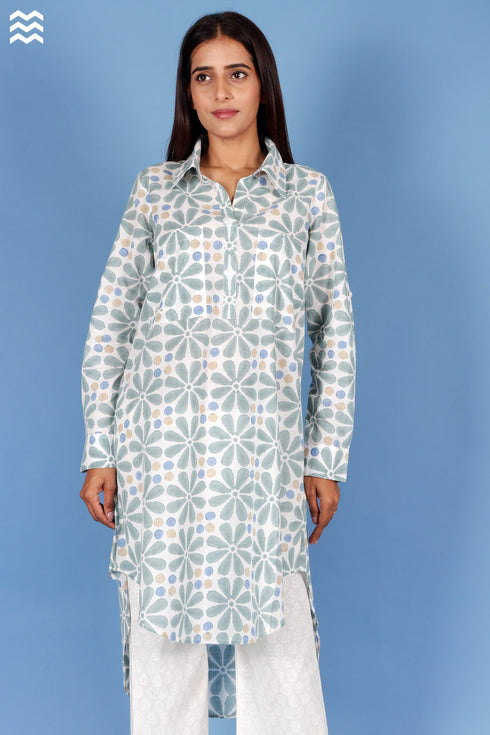 Slub Cotton Long Boyfriend Shirt In Block Print