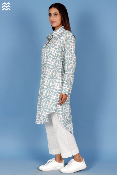 Slub Cotton Long Boyfriend Shirt In Block Print
