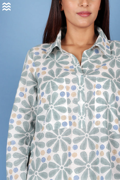 Slub Cotton Long Boyfriend Shirt In Block Print