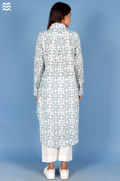 Slub Cotton Long Boyfriend Shirt In Block Print