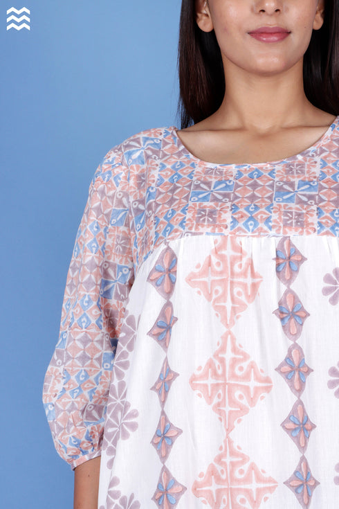 Mulmul Cotton Prairie Dress In Blue Floral Block Print