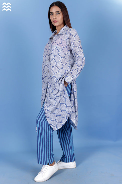 Cotton Silk Open Boyfriend Top In Block Print