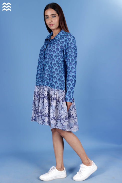 Cotton Silk Tennis Dress In Block Print