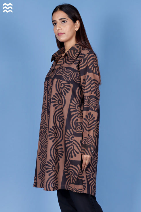 Cambric Cotton Long Boyfriend Shirt In Block Print