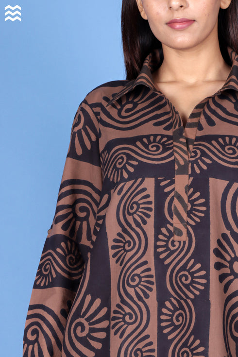 Cambric Cotton Long Boyfriend Shirt In Block Print