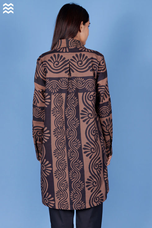 Cambric Cotton Long Boyfriend Shirt In Block Print