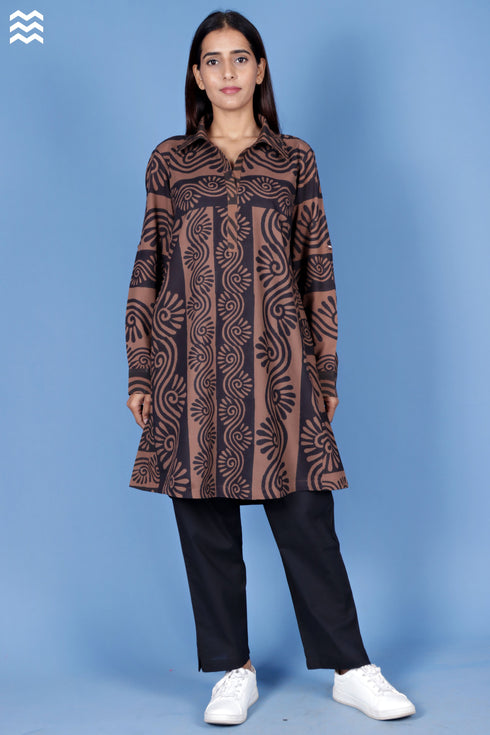 Cambric Cotton Long Boyfriend Shirt In Block Print