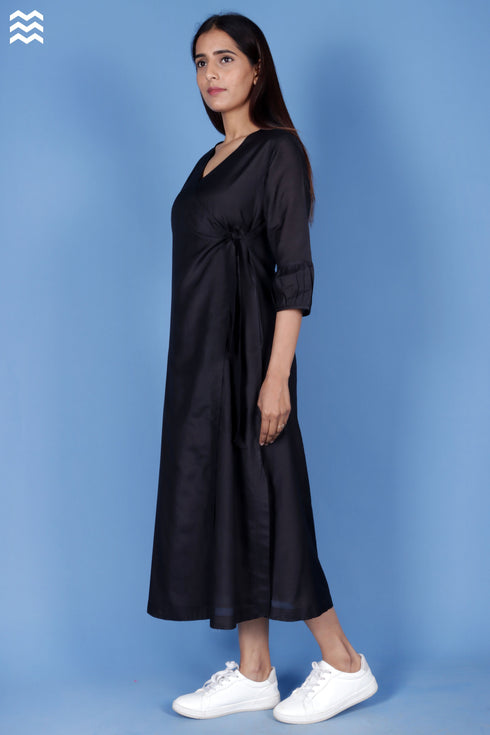 Cotton Silk Maxi Wrap Dress In Black