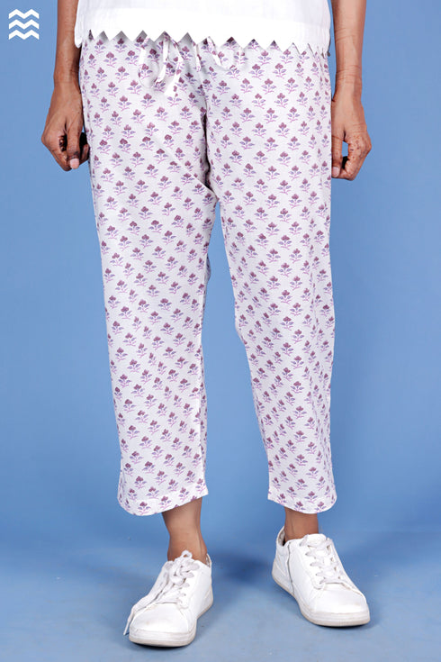 Cambric Cotton Rose Pant In Block Print
