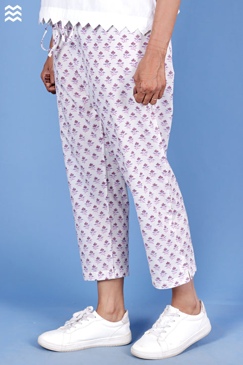 Cambric Cotton Rose Pant In Block Print