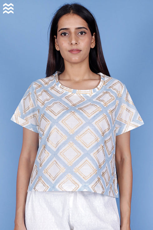 Slub Cotton Crop Top In Gold Block Print