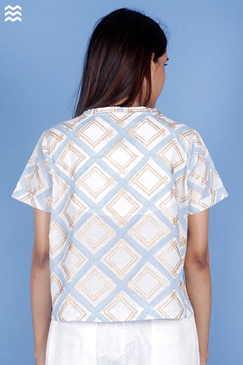 Slub Cotton Crop Top In Gold Block Print