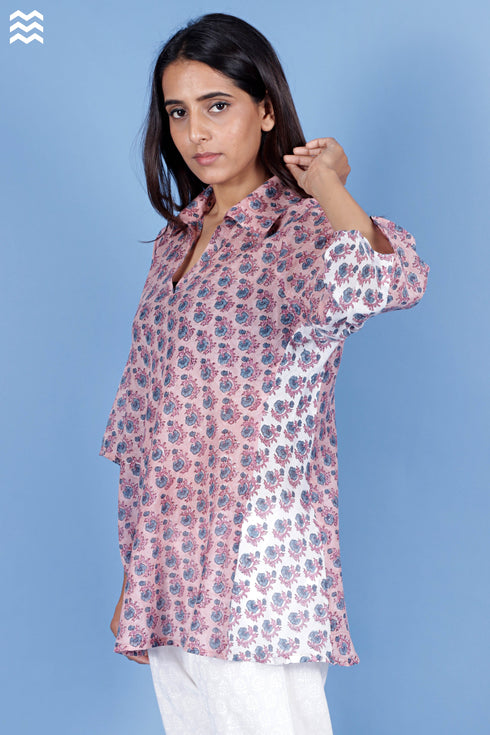 Mulmul Cotton Skirt Top in Floral Block Print