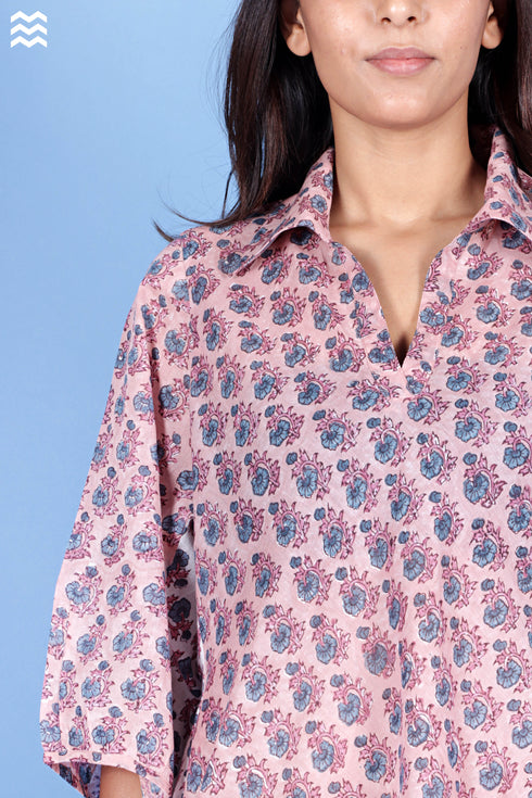 Mulmul Cotton Skirt Top in Floral Block Print