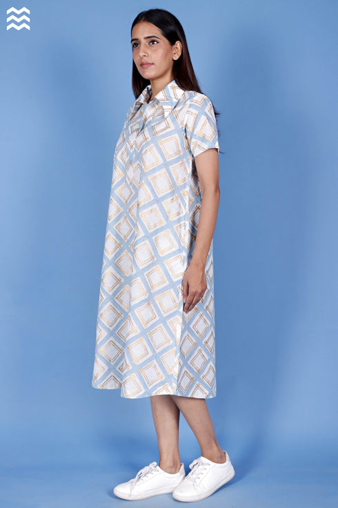 Slub Cotton Zoom Dress In Gold Block Print