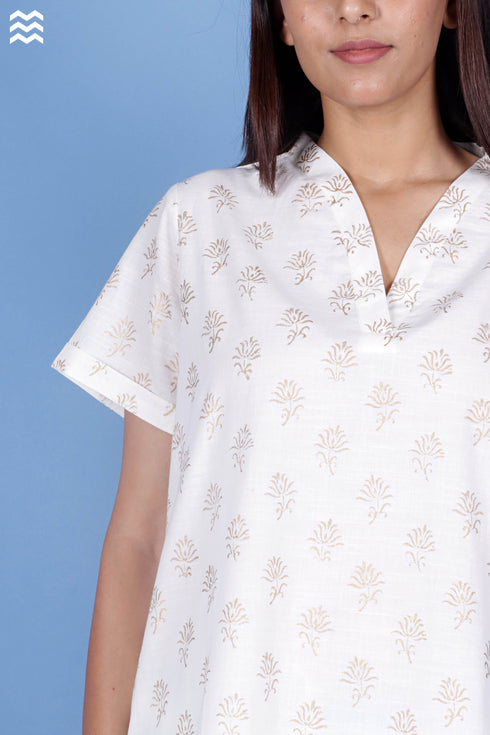 Slub Cotton Long Tee Top In Floral Block Print