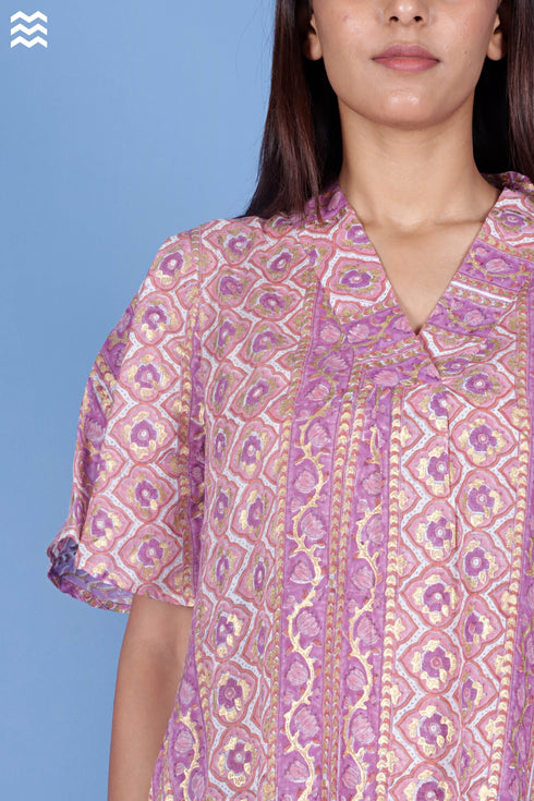 Mulmul Cotton V- Neck Top In Block Print