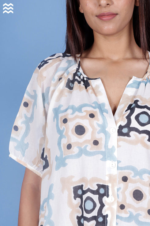 Mulmul Cotton Poiret Top In Block Print