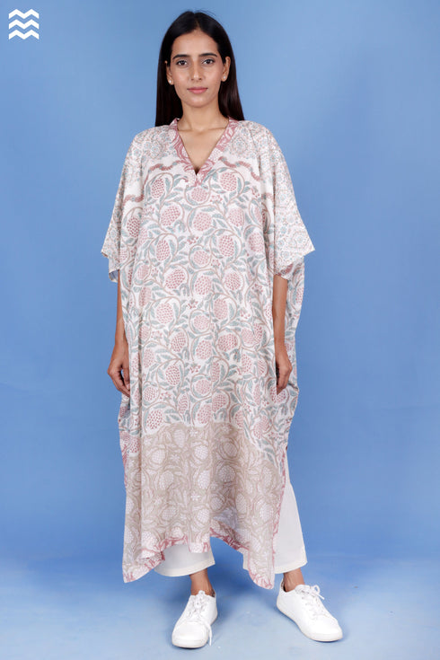 Mulmul Cotton Caftan In Floral Block Print