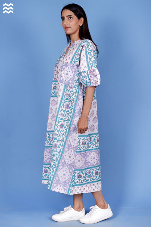 Cambric Cotton Long Wrap Dress In Block Print