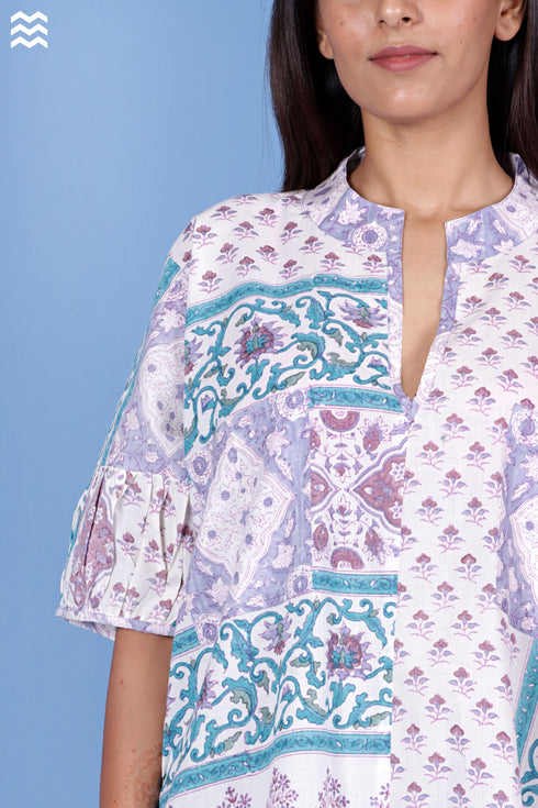 Cambric Cotton Long Wrap Dress In Block Print