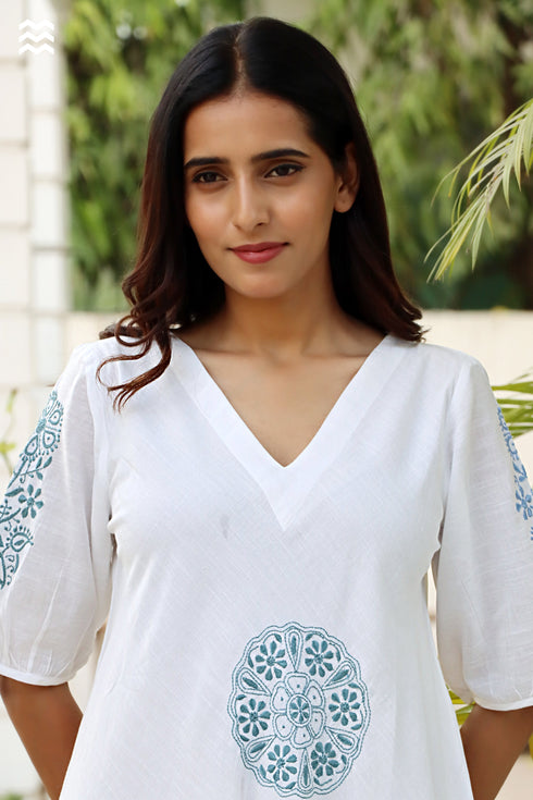 Slub Cotton Off White Blue Chikankari Top