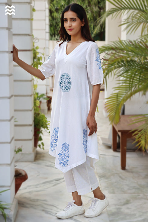 Slub Cotton Off White Blue Chikankari Top