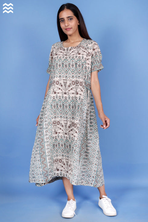 Crepe Cotton Foxy Dress In Block Print